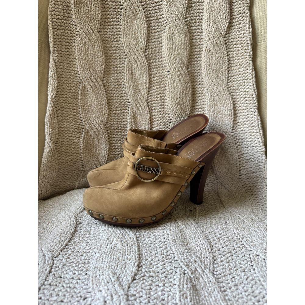 Guess Whitney 2 Tan Leather Wooden Platform Clogs Studded Mules Size 6.5M